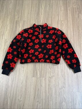 Cropped Black & Red Floral Half-Zip Fleece Pullover